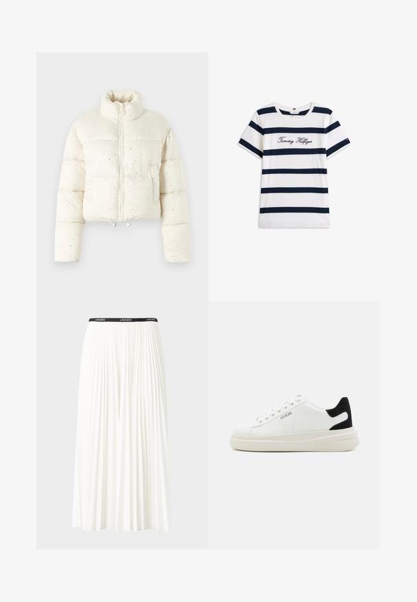 Kuttet pufferjakke i kremfarge med høy krage; har teksturert overflate med spredte svarte og sølvflekker, frontglidelås og snorer.; Koftet laget av bomull har horisontale marineblå striper på hvit bakgrunn. "Tommy Hilfiger" brodert i kursiv på brystet. Rund hals.; Plissert hvit skjørt med en svart elastisk midje som har "LACOSTE"-logoen. Midjelengde design med myk tekstur.; Hvite lær sneakers med tykk hvit såle, svart semsket hælforsterkning og preget logo på siden. Snøresystem med seks hull.