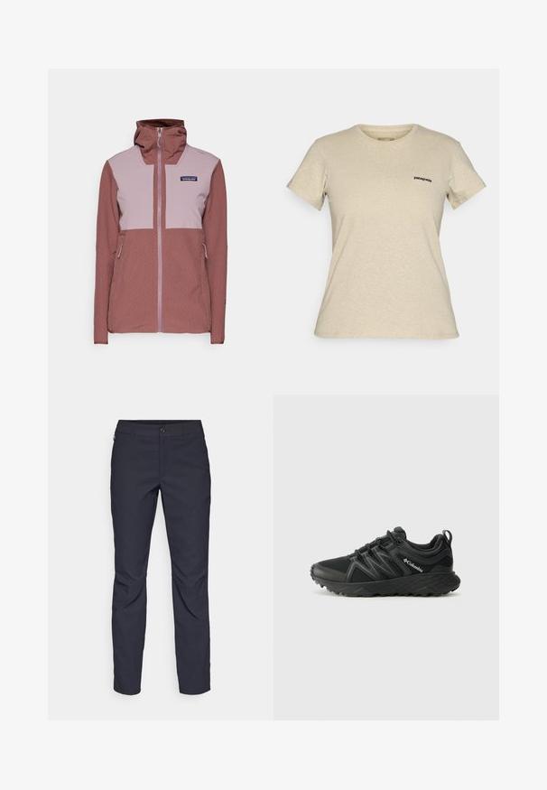 Patagonia CROSSSTRATA mauve; Beżowa koszulka z krótkim rękawem z dekoltem w serek Patagonia z małym czarnym logo po lewej stronie klatki piersiowej, wyświetlona na jednolitym tle.; Granatowe spodnie wykonane z gładkiego materiału, z zapięciem na guziki z przodu, wąskim kroju oraz detalami w postaci prasowania na kolanach.; Columbia PEAKFREAK czarny