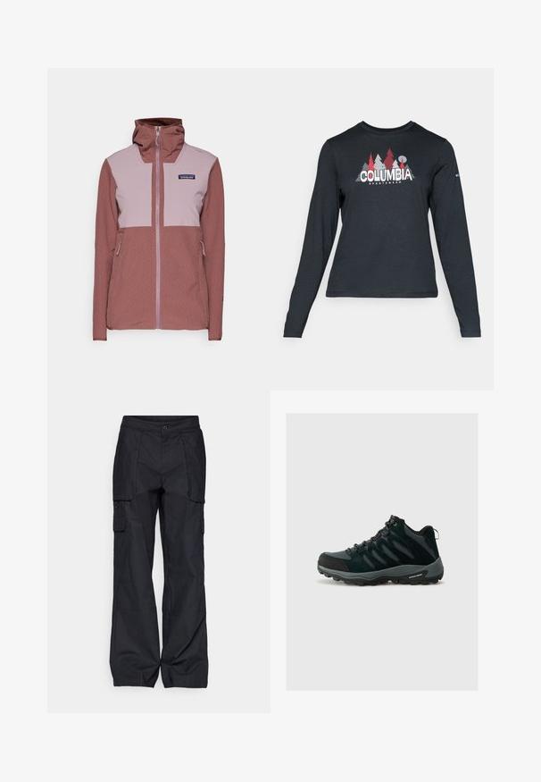 Patagonia CROSSSTRATA HOODY - Jachetă outdoor - dulse mauve; Cămașă cu mâneci lungi de culoare gri închis, cu un grafic de copaci roșii și munți; logo-ul "COLUMBIA" în text alb îngroșat. Material moale, guler standard de tip crew.; Columbia BREA FALLS™ COTTON RIPSTOP PANT - Pantaloni outdoor - black; Columbia REDMOND - Pantofi drumeție - black/citron haze