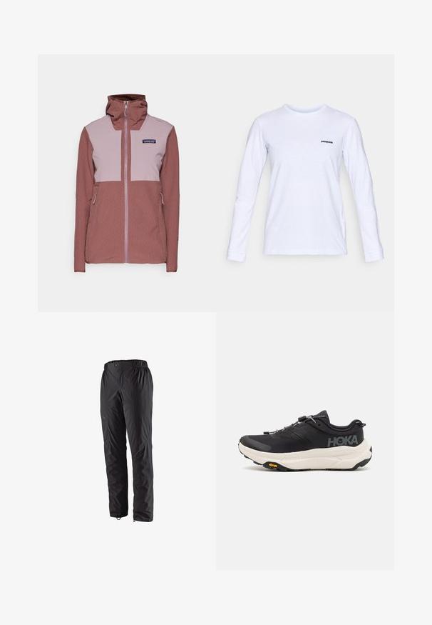 Patagonia CROSSSTRATA HOODY - Szabadtéri dzseki - dulse mauve; Hosszú ujjú fehér pamut póló kerek nyakkal és fekete "patagonia" logóval a bal mellrészen. Sima textúra, klasszikus szabás.; Fekete vízálló nadrág rugalmas derékkal, oldalsó cipzáras zsebekkel, tapered szabással és sima felülettel. Kiválóan alkalmas szabadtéri tevékenységekhez.; Fekete sportcipők lélegző hálós felsőrésszel, gumitípusú talppal, fehér párnázott középtalppal és fényvisszaverő fűzőkkel. Vibram logó a talpon.