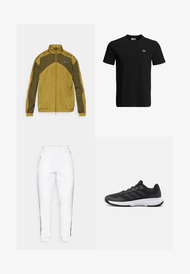 Olive green zip-up jacket with orange accents, featuring a high collar, elastic cuffs, and a lightweight, textured fabric. Under Armour logo visible.; Black cotton t-shirt with a crew neck, short sleeves, and a small green crocodile logo on the left chest. Smooth texture, casual design.; White sweatpants with elastic waistband, featuring black side stripes and cuffs. Made from soft fabric with a smooth texture.; Black athletic shoe featuring a textured upper, three horizontal stripes, and a white sole with a patterned tread. Lightweight and streamlined design.