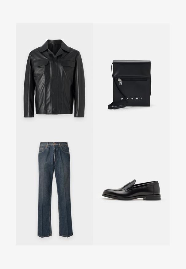 Jachetă din piele nefăcută de culoare neagră, cu închidere cu nasturi în față, două buzunare pe piept și guler clasic. Textură netedă cu detalii de cusătură subtile.; Pulover tricotat de culoare crem, cu guler polo, manșete și tiv cu nervuri, având o clapetă frontală și o textură moale.; Jeans din denim drept, de culoare albastră închisă, cu nasture frontal, fermoar, două buzunare frontale și cute verticale vizibile pe picioare.; Mocasini din piele neagră cu o textură netedă, vârf rotund și o curea decorativă peste partea superioară. Toc mic, design minimalist.; Geantă de umăr din piele neagră, cu un buzunar frontal cu fermoar, logo embosat și curea reglabilă. Textură netedă cu o formă structurată.