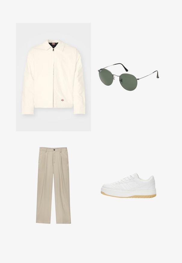 Jachetă albă cu fermoar, guler ascuțit, textură netedă, buzunare laterale și un mic logo aplicat pe șoldul stâng.; Cămașă polo albă din bumbac, cu un guler clasic, mâneci scurte și un mic logo bleu marin pe pieptul stâng. Placket cu două nasturi.; Pantaloni bej cu croi drept, dotati cu un singur nasture negru, bucle pentru centură și buzunare laterale. Textură de țesătură netedă și design minimal.; Sneaker alb din piele cu o finisare texturată, având o talpă din cauciuc, un design cu șireturi și accente subtile sub formă de dungi pe laturi.; Ochelari de soare cu ramă metalică, dotati cu lentile ovale verzi. Ramă subțire din metal argintiu și ușițe negre. Design minimalist, fără logo-uri vizibile.