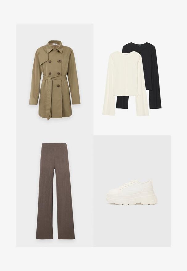 Bež trenci do kolen z dvojnim zapiranjem in gumbi iz želve, pasom, širokim ovratnikom in dolgimi rokavi.; Nabor dveh dolgih rokavov v beli in črni barvi. Žameten vzorec, okrogla ovratnica, prilegajoča zasnova z rahlo razširjenimi rokavi.; Svetlo rjave široke hlače z rebrasto teksturo, z elastičnim pasom in mehko, teksturirano tkanino.; Bela platnena teniska z debelim podplatom, okroglo konico in petimi luknjicami za vezalke. Zadaj je dodana zanka za enostavno obuvanje. Gladka tekstura, minimalistična zasnova.