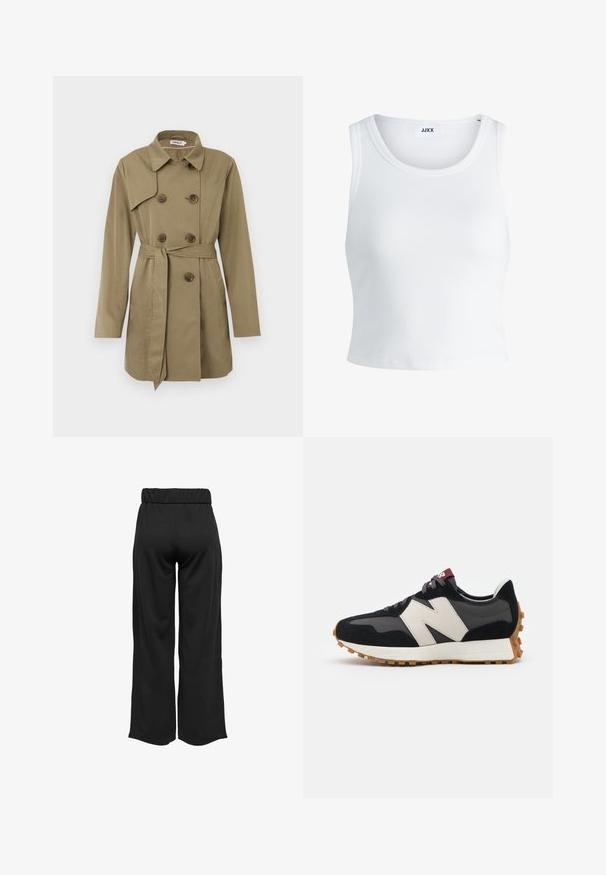 Palton bej de lungime până la genunchi, cu nasturi tortoise-shell dublu, curea la talie, guler larg și mâneci lungi.; Top alb cu detalii texturate, cu guler rotund, fără mâneci și lungime scurtă. Eticheta spune "JJXX." Textură de țesătură netedă.; Pantaloni negri, cu croi larg și talie elastică, realizați dintr-un material neted. Au un design simplu, fără buzunare sau detalii de cusătură vizibile.; Adidași din suede negru și gri cu un mare logo "N" de culoare crem, sireturi purpurii și o talpă din cauciuc texturat de culoare gumă.