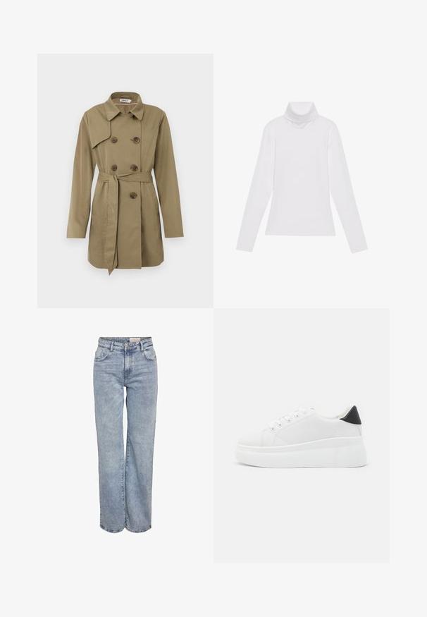 Knee-length beež trench coat kahekordsete kilpkonnapatentidega nupud, vöökoht, lai krae ja pikad varrukad.; Valge pikkade varrukate turtleneck-särk, mis on valmistatud siledast ja venivast kangast. Omab kõrget kraed ja keha lähedast lõiget, ilma nähtavate mustrite või kaunistusteta.; Heledad sinine laia jalaeest, valmistatud denimist, kõrge vöökohaga, viie tasku disainiga ja kerge tuhmumisega, mis annab kulunud välimuse.; Valged platvormsneakerid, mis on valmistatud siledast sünteetilisest materjalist, ovaalse toe, paelkinnise disaini ja tekstuurse kummitaldiga. Must kontsrihm.