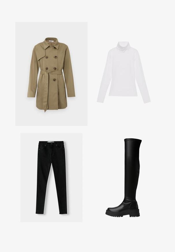 Bež trenci do kolen z dvojnim zapiranjem in gumbi iz želve, pasom, širokim ovratnikom in dolgimi rokavi.; Bela dolga majica s turtleneck ovratnikom, izdelana iz gladke, raztegljive tkanine. Ima visok ovratnik in prilega telesu, brez vidnih vzorcev ali okrasitev.; Črne slim-fit kavbojke iz denima, s klasičnim pet-pocket dizajnom, zadrgo in kovinsko gumba za zapiranje. Gladka tekstura po celotni površini.; Črne škornje do kolen, izdelane iz gladkega sintetičnega usnja, z debelim podplatom in stranskimi detajli, ter šivenjem ob zgornjem robu.