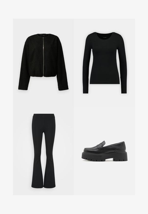 Crna skraćena jakna od teksturiranog materijala, s dugim rukavima, okruglim izrezom i prednjim zatvaračem. Jednostavan dizajn bez uzoraka.; Crna majica s dugim rukavima izrađena od rebraste tkanine. Ima okrugli izrez i uski kroj. Jednostavan dizajn bez uzoraka ili naglasaka.; Crne trapezaste hlače od rastezljivog materijala, sa visokim pojasom i glatkom teksturom. Hlače se šire od koljena.; Crne kožne mokasine s niskim, debelim gumenim potplatom, šivanim detaljima na gornjem dijelu i glatkom teksturom.