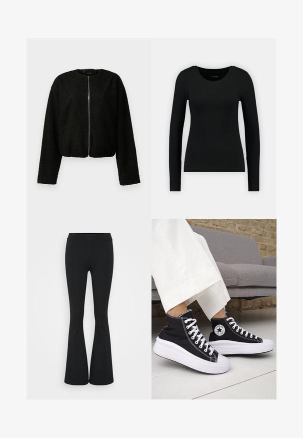 Sort cropped jakke lavet af tekstureret stof, med lange ærmer, rund halsudskæring og lynlås foran. Enkel design uden mønstre.; Sort langærmet skjorte lavet af ribbet stof. Har en rund halsudskæring og tætsiddende silhuet. Enkelt design uden mønstre eller accenter.; Sorte flagrende bukser lavet af strækbart stof, med en høj talje og en glat tekstur. Bukserne flared fra knæet.; Sorte sneakers med højt skaft, hvide gummisåler og snørebånd. Har en rund logo-patch og kontrasterende hvide syninger. Fremstillet af lærredsmateriale.