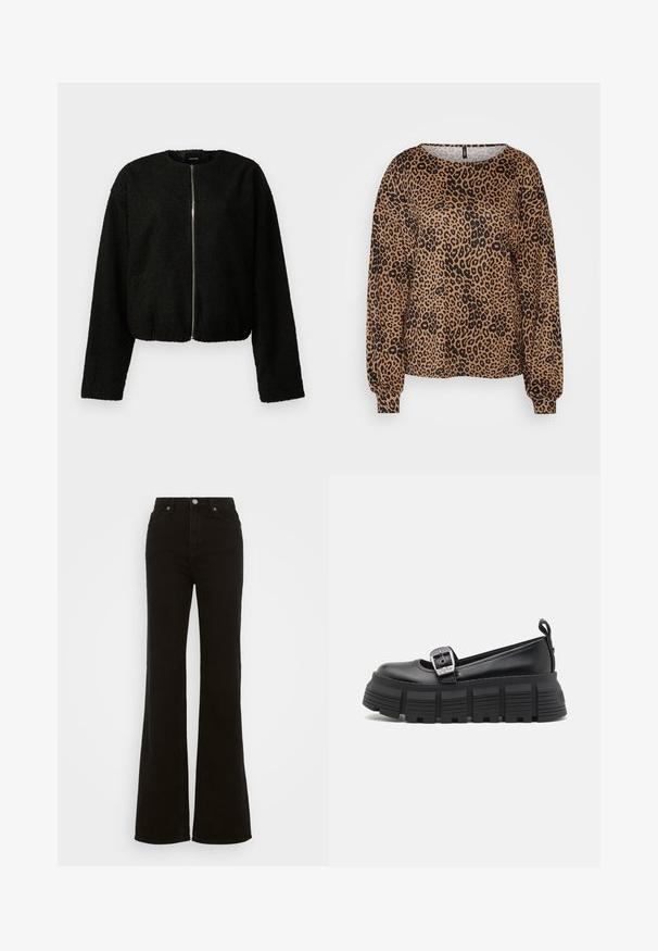Črna skrajšana jakna iz teksturirane tkanine, z dolgimi rokavi, okroglim izrezom in sprednjim zadrgo. Enostaven dizajn brez vzorcev.; Rjava pulover z dolgimi rokavi, ki ima črn leopardji vzorec, širok izrez in elastiko na manšetah. Mehka, teksturirana tkanina z sproščenim krojem.; Črne flare kavbojke z visokim pasom, izdelane iz denima, s gumbom za zapiranje, stranskimi žepi in gladko teksturo.; Črne platformske loafer čevlje s zaobljenim nosom, gladkim usnjem, nastavljivo sponko in rebrastim gumijastim podplatom s horizontalnimi reberci.