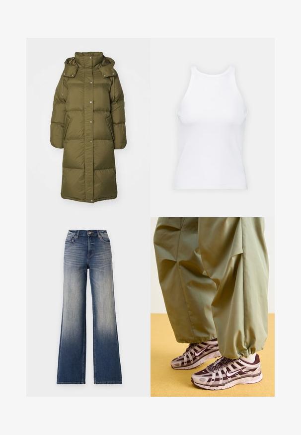 GANT FULL LENGTH COAT - Dunfrakker - dark cactus; Hvid ærmeløs tanktop lavet af ribbet stof, med en rund halsudskæring og en tætsiddende silhuet, med minimale sømme og ingen pynt.; Højtaljede vidde ben jeans i lys til mørkeblå denim med falmende farve, med knaplukning og bæltestropper. Ren kant og ingen synlige pynt.; Atletiske sneakers med et gråt og mørkelilla design, der har en mesh-overdel, støttende stropper og gummisål, parret med løse grønne bukser.