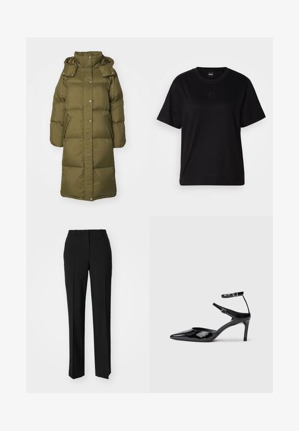 GANT FULL LENGTH COAT - Sulemantel - dark cactus; Mustmust särk, millel on ümar kaelus, lühikesed varrukad ja tindiga tikitud logo rinnal. Lihtne, mugav lõige ilma mustriteta.; Mustad ja sirged püksid, millel on sile tekstuur ja teravad voldid esiosas. Ilma nähtavate detailideta.; Mustad nahast mustad kontsad terava ninaga, reguleeritavate pahkluu rihmade ja õhukese kontsaga. Sile tekstuur läikiva viimistlusega.