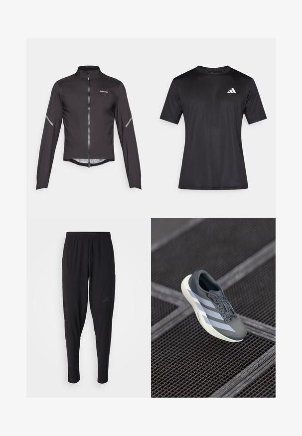 Melna viegla velosipēdu jaka ar garām piedurknēm, augstu apkakli, priekšējo rāvējslēdzēju un atstarojošiem akcentiem uz piedurknēm. Gluda, teksturēta auduma.; Melns sporta t-krekls no viegla tīklenes auduma, ar īsām piedurknēm un baltu logotipu kreisajā krūšu daļā.; Melni sporta bikses ar elastīgu jostasvietu, sašaurinātu dizainu, sānu kabatām un smalku logo akcentu. Izgatavotas no elastīga, elpojoša auduma.; Sporta apavi pelēkā un baltā krāsā, izgatavoti no sintētiska materiāla, ar plūstošu dizainu, teksturētu virsmu un izteiktu auklu sistēmu.