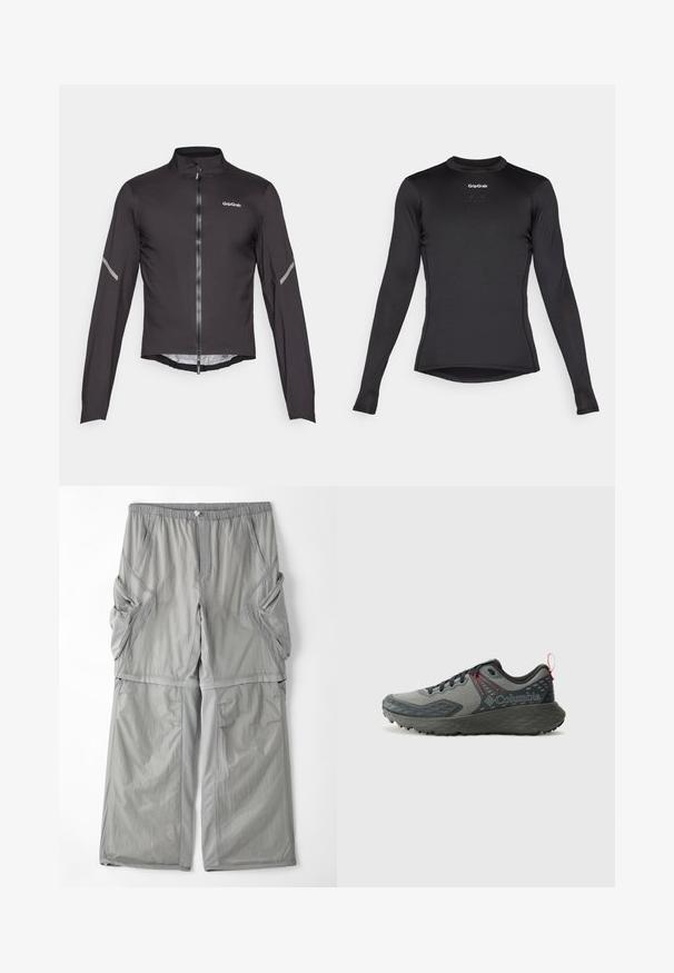 Černá lehká cyklistická bunda s dlouhými rukávy, vysokým límcem, předním zipem a reflexními detaily na rukávech. Hladká, strukturovaná tkanina.; Černý dlouhý rukáv základní vrchní díl s mřížkovou strukturou, béžový výstřih a logo GripGrab na hrudi. Mírně zúžený střih s lemem.; Světle šedé, prodyšné kalhoty z látky s elastickým pasem, bočními kapsami a kontrastním šedým lemováním podél švů. Volnější střih.; Columbia KONOS - Trekingové boty - grey steel/mountain red