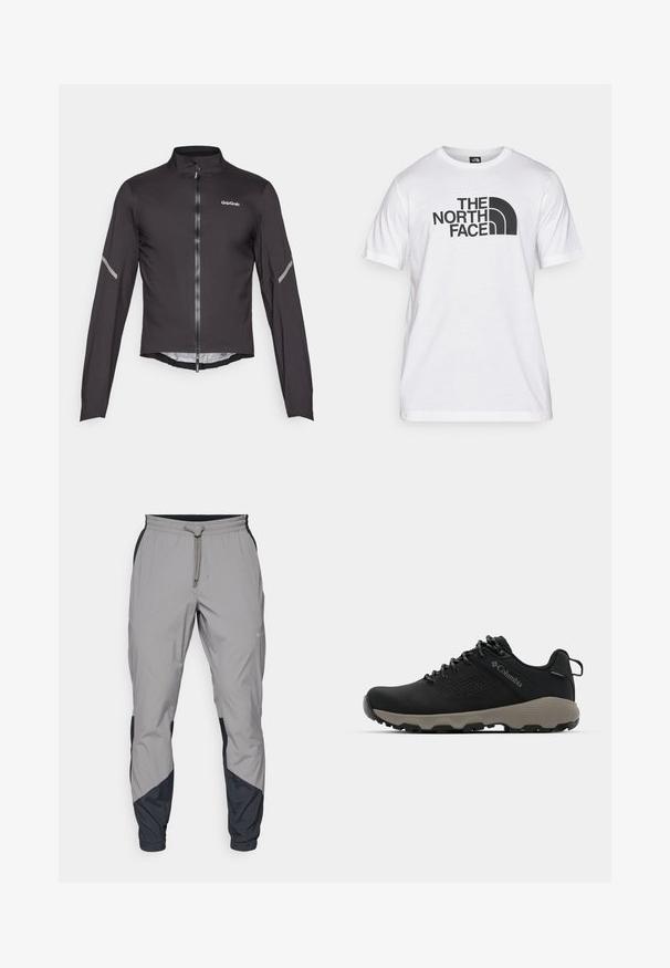 Giacca da ciclismo nera leggera con maniche lunghe, colletto alto, zip frontale e dettagli riflettenti sulle maniche. Tessuto liscio e strutturato.; T-shirt bianca in cotone con stampa grafica nera che presenta testo e un design del logo curvo. Collo rotondo e maniche corte. Texture semplice.; Pantaloni sportivi leggeri grigi con accenti neri. Vita elastica, chiusura con cordino, design a gamba affusolata e tasche laterali.; Scarpa da trekking nera con tomaia liscia, design perforato, suola grigia e tallone rinforzato. Caratterizzata da lacci e un anello per una facile calzata.