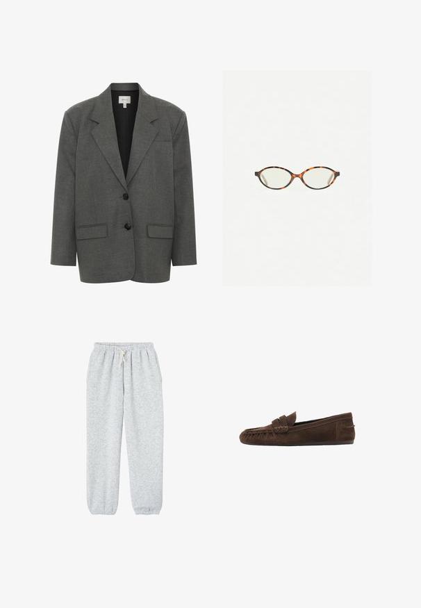 Gestuz PAULA - Blazer - dark grey melange; Maglione grigio chiaro a maniche lunghe realizzato in un materiale morbido e peloso, con scollatura rotonda e vestibilità rilassata. Senza motivi visibili o accessori.; Pantaloni grigi in felpa realizzati in tessuto morbido, con vita elasticizzata e cordino, e polsini elasticizzati alle caviglie.; Mocassini in suede marrone con una parte superiore testurizzata, caratterizzati da un accento intrecciato e una suola piatta, progettati per il comfort informale e la facilità di calzata.; Occhiali in tartaruga con lenti ovali e una finitura liscia e elegante. Presentano aste sottili con una leggera curva alle tempie. Lenti trasparenti.