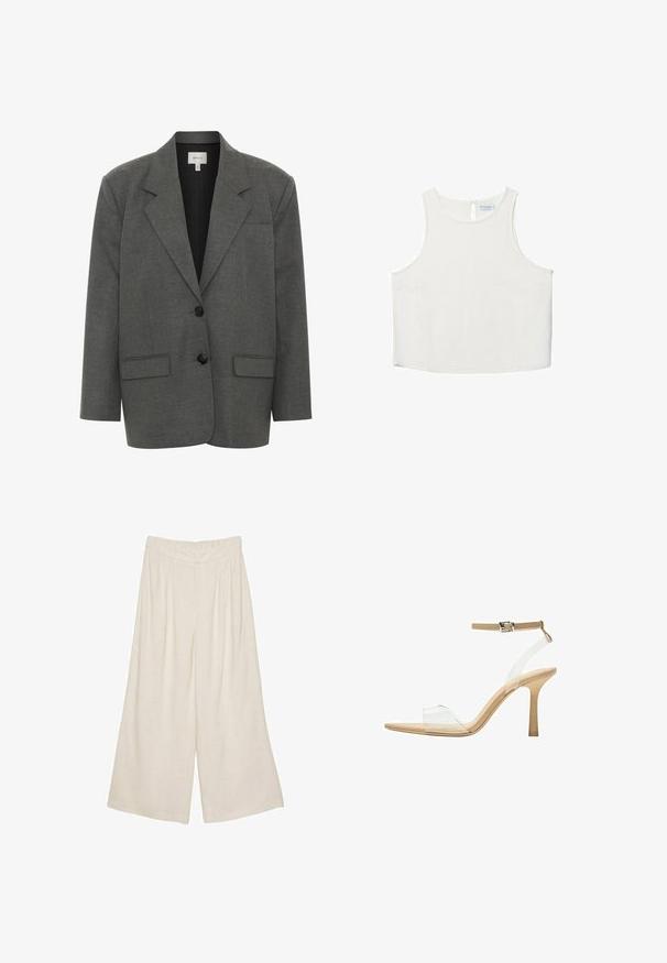 Gestuz PAULA - Kratka jakna - dark grey melange; Bijela bezrukavna majica s okruglim izrezom, koja ima suptilnu teksturu, detalj u obliku ključa na leđima i ravni rub.; Linen hlače širokog kroja svijetlosmeđe boje s nabranim dizajnom i elastičnom elastikom za udobnost i jednostavno oblačenje.; Sandal s prozirnim potplatom i prozirnim gornjim dijelom, bež uloškom i tankim remenom oko gležnja. Ima špicasti vrh i tanak visoki potplat.