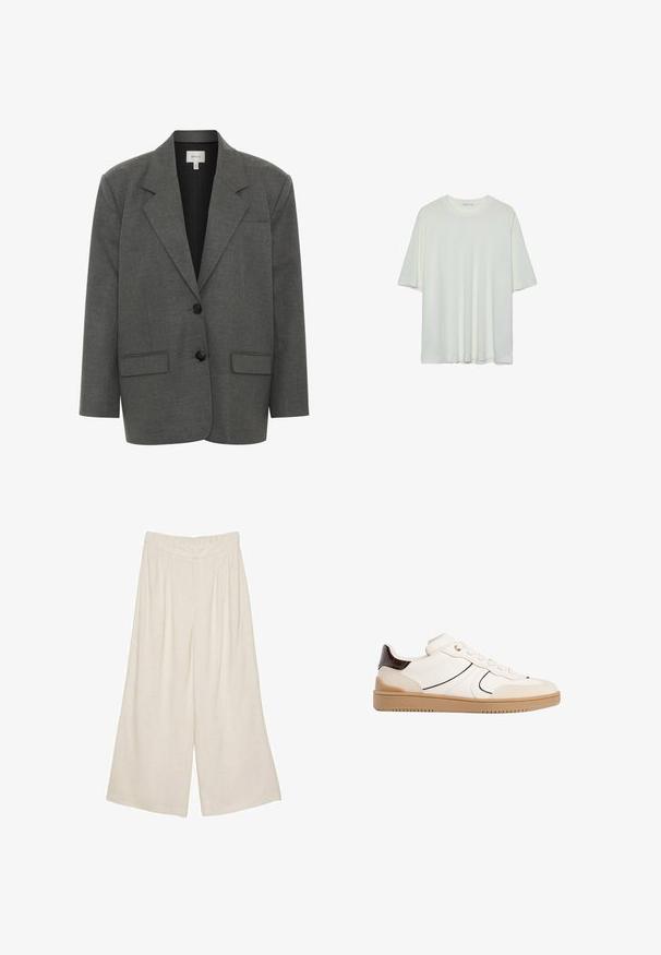 Gestuz PAULA - Bleiseri - dark grey melange; Valkoinen lyhythihainen t-paita, pyöreä pääntie, pehmeä puuvillasekoitekangas, rento malli, saumaton helma, minimalistinen muotoilu ilman koristeluja.; Lakan levelegged hameet vaaleanbeige väri, jossa on poimutettu muotoilu ja joustava vyötärö mukavuutta ja helppokäyttöisyyttä varten.; Stradivarius Matalavartiset tennarit - white