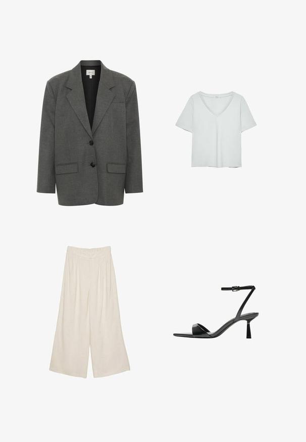 Gestuz PAULA - Blazer - dark grey melange; T-shirt grigio chiaro a maniche corte con scollatura a V, realizzato in materiale morbido; presenta una vestibilità rilassata e cuciture pulite senza motivi.; Pantaloni larghi in lino di colore beige chiaro con un design plissettato e una vita elasticizzata per comfort e facilità d'uso.; Bershka Sandali con tacco - black