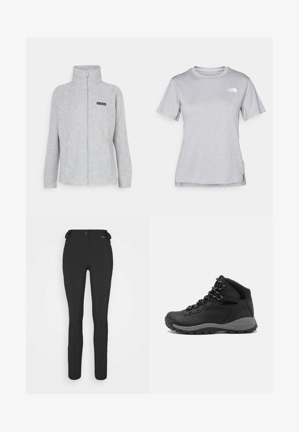 Siv fleeceska z unižjim ovratnikom, polno zadrgo spredaj in stranskimi žepi. Na prsih ima črno logotipno nalepko. Preprost dizajn.; Siva kratka majica s kratkimi rokavi, izdelana iz mehkega, vlago odvračajočega materiala. Ima okroglo izrez in majhen bel logotip na zgornji levi strani.; Črne prileganje hlače, izdelane iz fleksibilnega materiala. Značilnosti vključujejo žep z zadrgo na strani, artikulirana kolena in gladko teksturo.; Črne pohodniške čevlje z srednje visokim dizajnom, ki imajo teksturirano zgornji del, sivi dodatki in vzdržljiv gumen podplat s protizdrsnimi izboklinami.