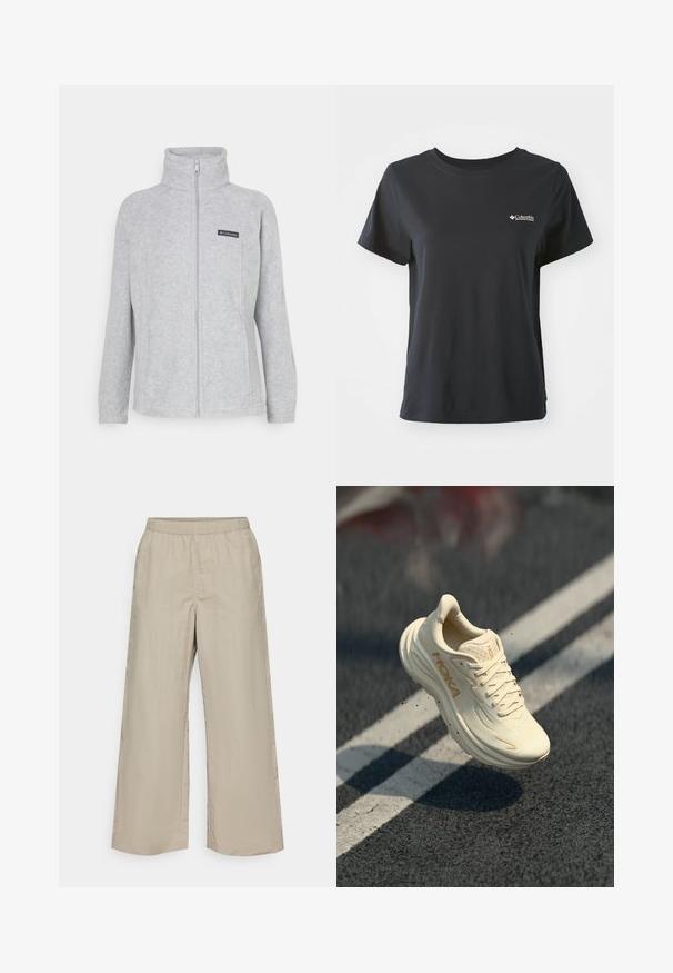 Grå fleecejacka med hög krage, full dragkedja fram och sidofickor. Har en svart logotyp på bröstet. Enkelt design.; Svart bomull t-shirt med korta ärmar, rund halsringning och liten vit Columbia Sportswear-logotyp på vänster bröst.; Vidbenade byxor i ljusbeige tyg med resår i midjan, slät yta och utan synlig hårdvara eller mönster.; Vitsneaker med texturerad ovandel, rundad tå och tjock sula. Har ljusbeige detaljer och skosnören, svävar ovanför en mörk yta.