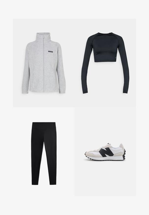 Siv fleeceska z unižjim ovratnikom, polno zadrgo spredaj in stranskimi žepi. Na prsih ima črno logotipno nalepko. Preprost dizajn.; Črna dolga crop majica z dolgimi rokavi, narejena iz gladkega, raztegljivega blaga. Ima okrogel izrez in oprijeto obliko, z nežnimi detajli na robu.; Črne legice iz gladkega, raztegljivega blaga. Imajo širok pas in zožen dizajn nog, primeren za aktivno ali vsakodnevno nošenje.; Klasični tekaški copati v sivi, črni in beli barvi. Zgornji del iz usnja in mrežaste tkanine, teksturiran črn gumijast podplat, ter izstopajoč logotip na strani.