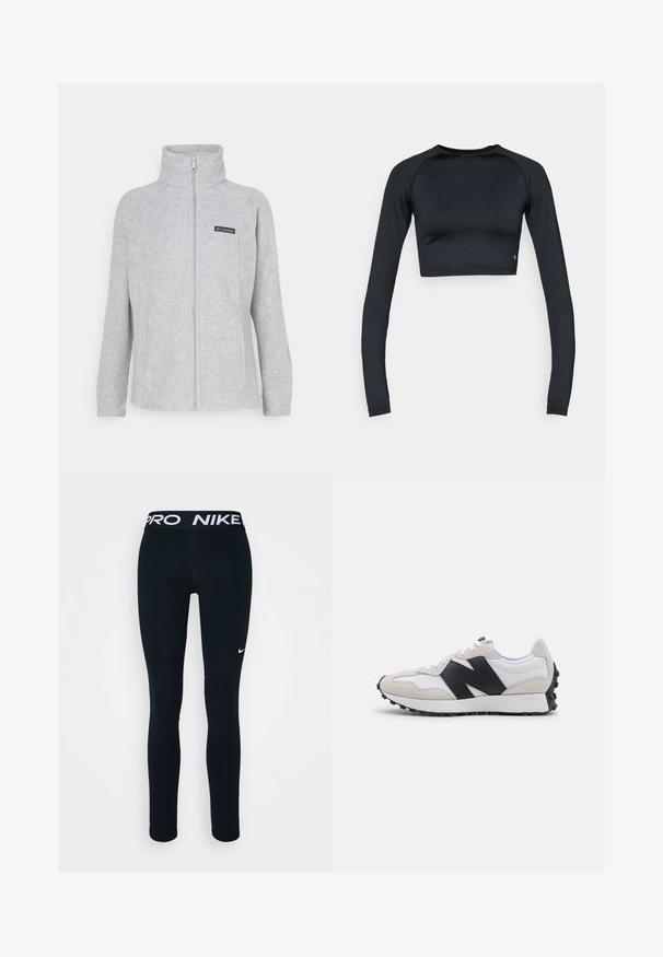 Szürke polárdzseki magas gallérral, teljes hosszúságú cipzárral és oldalsó zsebekkel. A mellkason fekete logó_PAD található. Egyszerű dizájn.; Fekete, hosszú ujjú crop top, sima, rugalmas anyagból. Kerek nyakkivágással és testhezálló fazonnal, finom részletekkel a szegélyén.; Fekete Nike leggings Pro derékkal, bal combon fehér logóval. Rugalmas anyagból készült, kényelmet és mozgást biztosít.; Klasszikus futócipők szürke, fekete és fehér színben. Suede és hálós felsőrész, textúrált fekete gumitalp, és jól látható logó díszítés az oldalon.