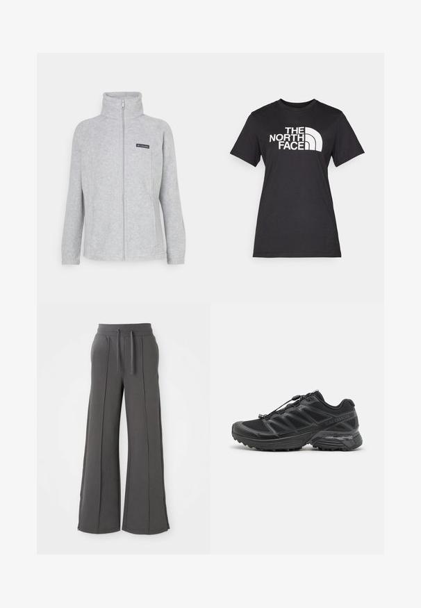 Sivá fleecová bunda s vysokým golierom, plným predným zipsom a postrannými vreckami. Na hrudi má čiernu nášivku s logom. Jednoduchý dizajn.; Čierne bavlnené tričko s veľkým bielym logom "THE NORTH FACE" a zakriveným akcentom. Krátke rukávy a okrúhly výstrih, hladká textúra.; Tmavošedé široké tepláky so prednými švami, elastickým pásom, šnúrkami, bočnými vreckami a zipsami na lemoch na bielom pozadí.; Čierne behacie topánky so sieťovinovým a syntetickým zvrškom, flexibilná podrážka a elastické šnúrky. Obsahuje polstrovanú medzipodrážku pre pohodlie.