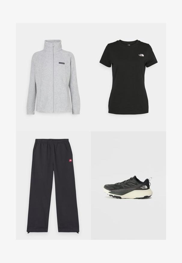 Grå fleecejakke med høy krage, full front glidelås og sidelommer. Har et svart logo merke på brystet. Enkelt design.; Svart bomull t-skjorte med rund hals og korte ermer. Fremtredende hvit logo øverst til venstre. Glatt tekstur, avslappet passform.; Svartidrettsbukser laget av myk stoff, med en løs passform, elastisk midjebånd, sidelommer og et lite rødt logo-merke foran.; Svart treningssko med teksturert overdel, med grå detaljer og hvit såle. Har en pull tab og fremtredende merkevarelogo på hælen.