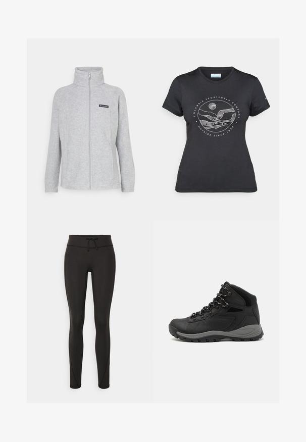 Hallhallide fleece-jakk, millel on kõrge krae, täispikk lukku ja küljetaskud. Rinnal on must logo kvaliteet. Lihtne disain.; Musternine Columbia T-särk mustas värvuses, millel on valge ümmargune mägi ja jõe joonistus ning tekst "Columbia Sportswear Company Outside Since 1938."; Mustad kõrge vöökohtadega mustad retuusid, paelaga, sileda tekstuuri ja sobiva disainiga. Külgedel on õmblusdetailid.; Mustarjaline matkasaabas, millel on keskmine disain, tekstuuriga ülemine osa, hallid aktsendid ja vastupidav kummist põhi, millel on haardelugesid.