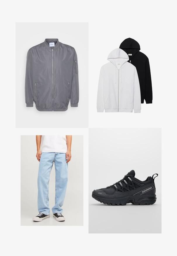 Jachetă bomber gri, cu fermoar frontal, guler și mansete ribbate, buzunare laterale cu fermoar și un buzunar mic pe braț. Material neted, ușor.; Două hanorace cu fermoar, în negru și alb, având glugi cu șnur, buzunare tip cangur, manșete ribbate și o textură a materialului moale.; Set de trei tricouri basic în negru, alb și gri deschis. Mâneci scurte, guler rotund, fabricate dintr-un material de bumbac neted. Logo-ul brandului este vizibil.; Jeans din denim de culoare albastră deschisă, cu o croială lejeră, având un design cu picioare drepte și cusături standard, asortați cu adidași negri.; Pantofi sport negri cu o parte superioară din plasă, talpă din cauciuc și accente reflexive. Prezintă o talpă căptușită și un design cu șireturi.