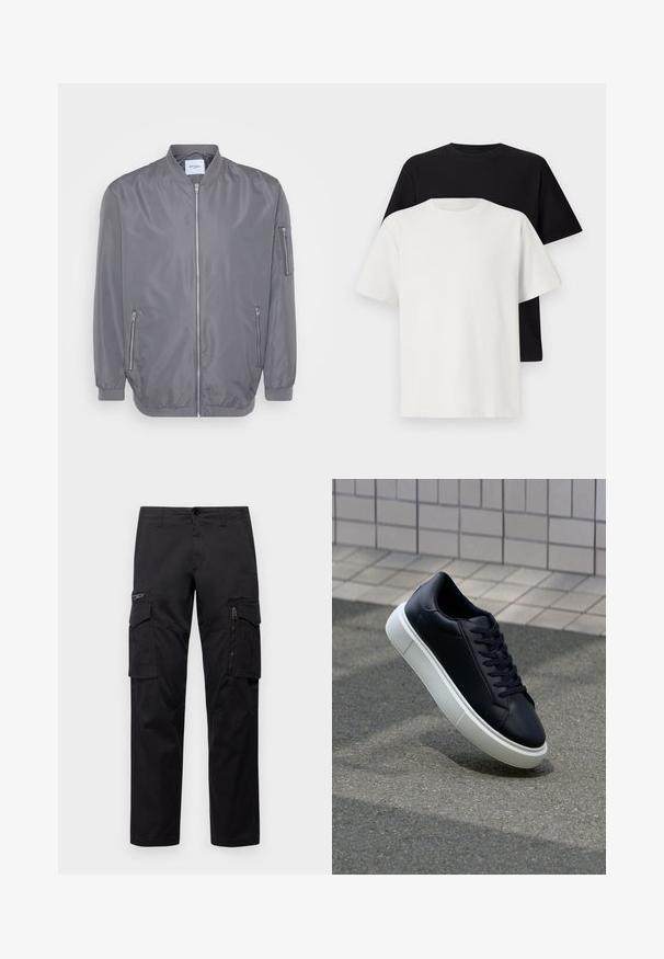 Veste bomber grise avec fermeture éclair sur le devant, col et poignets côtelés, poches latérales zippées et une petite poche sur le bras. Tissu lisse et léger.; Ensemble de t-shirts en coton comprenant un haut noir et un haut blanc, tous deux à manches courtes, avec un col rond et une coupe standard. Tissu texturé.; Pantalons cargo noirs avec plusieurs poches, une poche zippée sur la cuisse, coupe droite et tissu en coton résistant avec un léger éclat.; Baskets noires en cuir avec bout arrondi et semelle en caoutchouc blanc. Elles présentent des lacets plats et une couture minimale sur la tige. Semelle texturée pour une bonne adhérence.