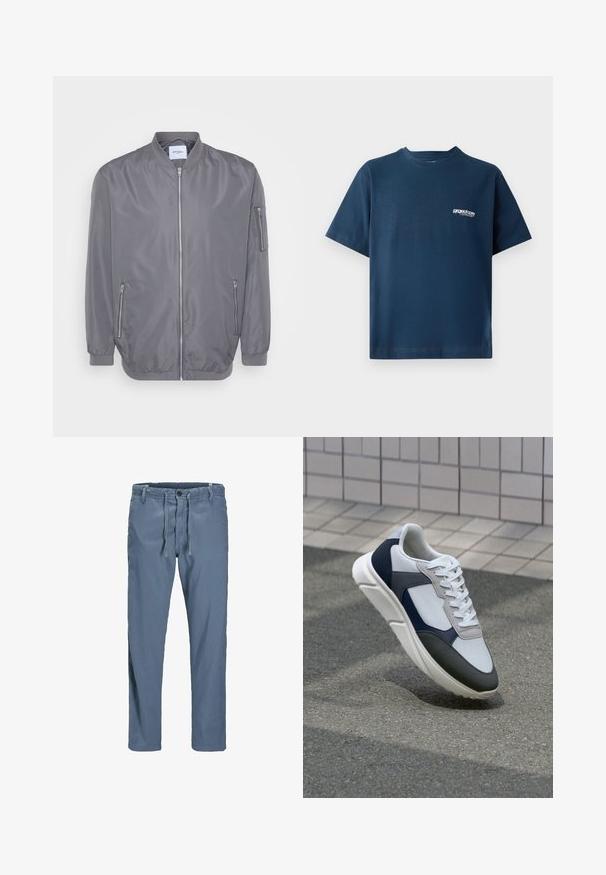 Šedá bomber bunda so zipsom vpredu, rebrovaným golierom a manžetami, bočnými zipsovými vreckami a malým vreckom na ruke. Hladká, ľahká tkanina.; Námornícky modré bavlnené tričko s krátkymi rukávmi a okrúhlym výstrihom. Obsahuje malé biele logo na ľavej strane hrudníka. Mäkká textúra.; Modré, ľahké bavlnené nohavice s elastickým pásom, uzatváraním na gombík a bočnými vreckami. Rovný strih, bez viditeľných vzorov.; Biele, námornícke a šedé tenisky s kombinovaným materiálom, so štruktúrovaným zvrškom, plochými šnúrkami a polstrovanou podošvou.