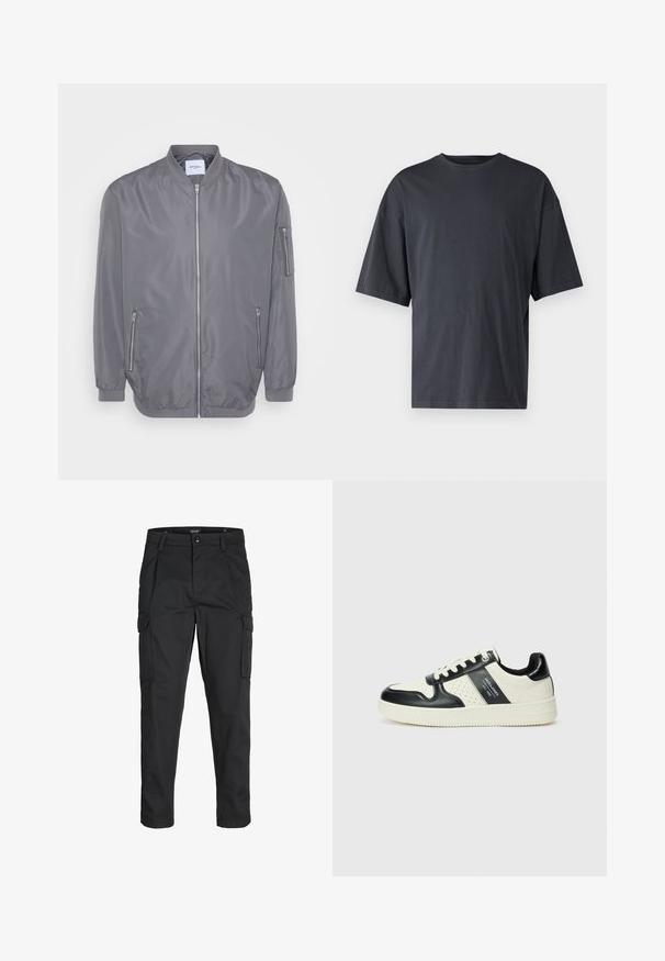 Grijze bomberjack met een rits aan de voorkant, ribgebreide kraag en manchetten, zijzakken met rits en een klein mouwzakje. Soepele, lichte stof.; Donkergrijs T-shirt met korte mouwen, gemaakt van lichtgewicht katoen, met een losse pasvorm en een klassieke ronde hals, met een effen textuur en zonder patronen.; Zwarte cargobroek van stevig stof, met meerdere zakken, een knoopsluiting en een slim fit ontwerp met taps toelopende benen.; Leren sneakers met een zwart en crèmekleurig kleurenschema, voorzien van geperforeerde accenten, een gevoerde kraag en een gestructureerde buitenzool.