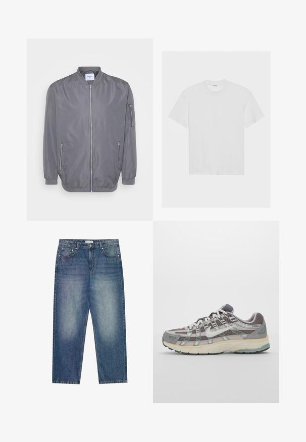 Gray bomber jacket with a zip front, ribbed collar and cuffs, side zip pockets, and a small arm pocket. Smooth, lightweight fabric.; White cotton t-shirt with short sleeves, crew neck, and a relaxed fit. Smooth texture and no visible patterns or accents.; Light blue denim jeans with a loose fit, straight legs, five pockets, and contrasting stitching. Features a button and zip fly closure.; Gray athletic shoe featuring a mesh and suede upper, white accents, a cushioned sole, and a distinctive design with reflective elements.