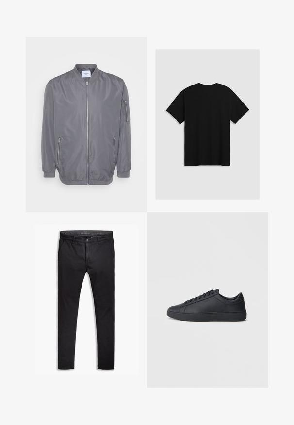 Gray bomber jacket with a zip front, ribbed collar and cuffs, side zip pockets, and a small arm pocket. Smooth, lightweight fabric.; Levi's® BOXTAB - Print T-shirt - boxtab in black bas; Black cotton chinos with a tapered fit, featuring five pockets, belt loops, and a smooth texture. Zip fly with a button closure.; Black sneakers made of smooth leather with a low-top design, round toe, and flat rubber sole. Features laces and subtle branding.