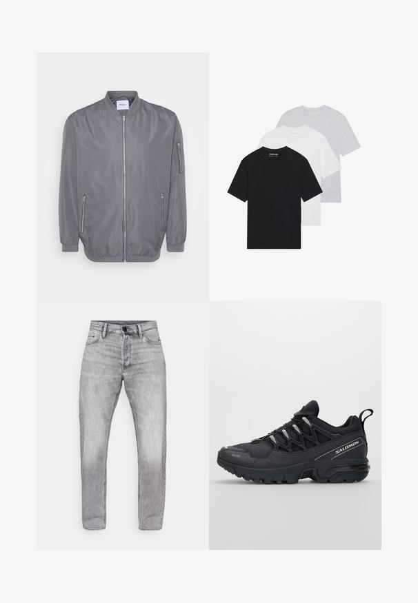 Szürke bomber dzseki, cipzáros elülső résszel, bordás gallérral és mandzsettákkal, oldalsó cipzáras zsebekkel és egy kis karzsebbel. Zökkenőmentes, könnyű anyag.; Három darabból álló alap pólószett fekete, fehér és világosszürke színekben. Rövid ujjú, kerek nyakú, sima pamut anyagból készült. A márka logója látható.; Szürke farmernadrág egyenes fazonban, elhalványodott mosással, öt zsebes kialakítással, valamint standard gombos és cipzáras záródással.; Fekete sportcipők hálós felsőrésszel, gumitalppal és fényvisszaverő részletekkel. Párnázott talppal és fűzős dizájnnal rendelkezik.