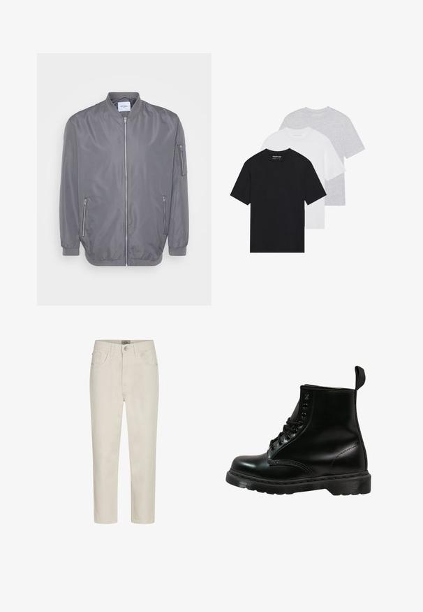 Harmaa pommitakki, jossa on vetoketju edessä, ribbed-kalvo ja hihansuut, sivuvetoketjulliset taskut ja pieni tasku hihassa. Liukas, kevyt kangas.; Kolme perus t-paitaa mustana, valkoisena ja vaaleana harmaana. Lyhyet hihat, pyöreä kaula-aukko, valmistettu sileästä puuvillakankaasta. Brändilogo näkyvissä.; Beige suorat lahkeet farkut etupainikkeella, vyölenkeillä ja viiden taskun suunnittelulla, esitelty valkoista taustaa vasten.; Mustat nahkabootit, joissa on pyöreä kärki, nauhakiinnitys, kuusi silmukkaa ja kuvioitu kumipohja. Takana on vetoketju.