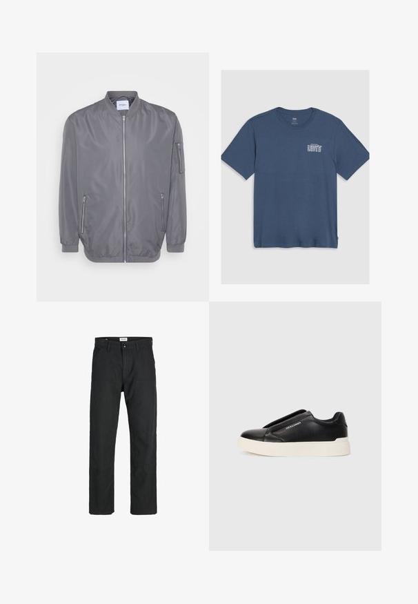 Pelēks bumbvedēju jaka ar rāvējslēdzēju priekšā, ribotām apkaklēm un aprocēm, sānu rāvējslēdzēju kabatām un mazu rokas kabatu. Gluda, viegla auduma.; Zila kokvilnas T-kreklu ar apaļu kaklu un īsām piedurknēm. Baltā "Levi's" logo ir izdrukāts kreisajā krūšu daļā. Vienkāršs dizains.; Melnas bikses no izturīga auduma, ar taisna griezuma dizainu, izšūtām akcentiem un divām priekšējām kabatām funkcionālitātei.; Melna slip-on kedu ar teksturētu ādas augšdaļu, baltu gumijas zoli un bez redzamām šņorcēm. Uz sāna ir zīmola logo.
