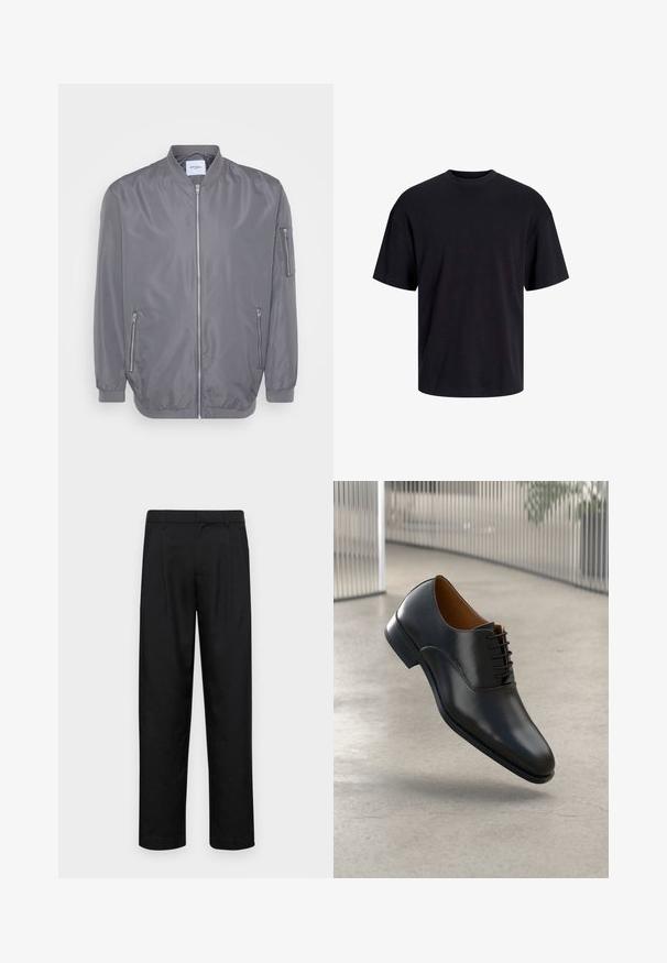 Grijze bomberjack met een rits aan de voorkant, ribgebreide kraag en manchetten, zijzakken met rits en een klein mouwzakje. Soepele, lichte stof.; Zwarte katoenen t-shirt met een ronde halslijn, korte mouwen en een relaxte pasvorm. Glad textuur en geen zichtbare patronen of accenten.; Zwarte broeken van gladde stof, met een recht model, twee voorknikken en een standaard tailleband met riemlussen.; Zwarte leren dresschoenen met een gladde afwerking, spitse neus en vetersluiting. Kenmerkt zich door een subtiele stiksels langs de zool.