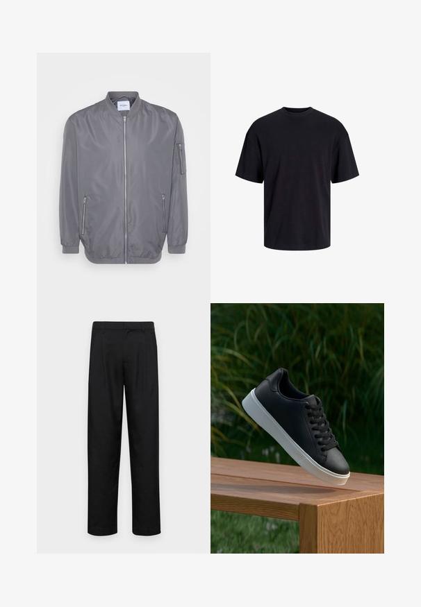 Gray bomber jacket with a zip front, ribbed collar and cuffs, side zip pockets, and a small arm pocket. Smooth, lightweight fabric.; Black cotton t-shirt with a crew neckline, short sleeves, and a relaxed fit. Smooth texture and no visible patterns or accents.; Black trousers made of smooth fabric, featuring a straight-leg design, two front pleats, and standard waistband with belt loops.; Black leather sneaker with a smooth texture, white rubber sole, and six eyelets for laces, displayed on a wooden surface.