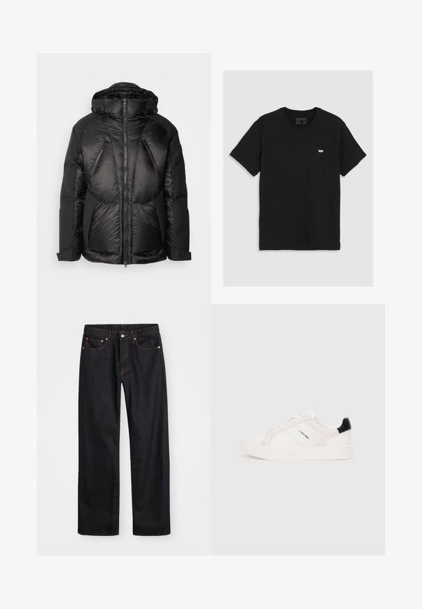 Colmar Originals MAN JACKET - Casaco de penas - black; T-shirt de algodão preto com mangas curtas, decote redondo, apresenta um pequeno logotipo branco da Levi's no peito, textura suave, corte clássico.; Calças de ganga pretas para homem, de pernas retas, com cinco bolsos e costura laranja, fecho de botão e zíper na cintura da frente.; Sapatilhas brancas com detalhes em rosa claro e preto, apresentando painéis de couro liso e camurça, biqueira redonda e sola de borracha plana.