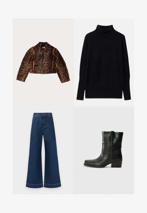 By Malene Birger ROWANI - Lederjacke - leopard; Schwarzer Rollkragenpullover aus weichem Stoff, mit gerippten Akzenten am Kragen und an den Bündchen, in lockerer Passform und mit seitlichen Schlitzen.; Weite blaue Jeans aus Denim mit hoher Taille, ausgestattet mit einem Knopfverschluss, Gürtelschlaufen und dezenten Stichdetails an den Taschen und Säumen.; Schwarze Leder-Ankle Boots mit runder Zehenform, Blockabsatz, seitlichem Reißverschluss und gestickten Akzenten auf dem Blatt. Glatte Textur, klassisches Design.