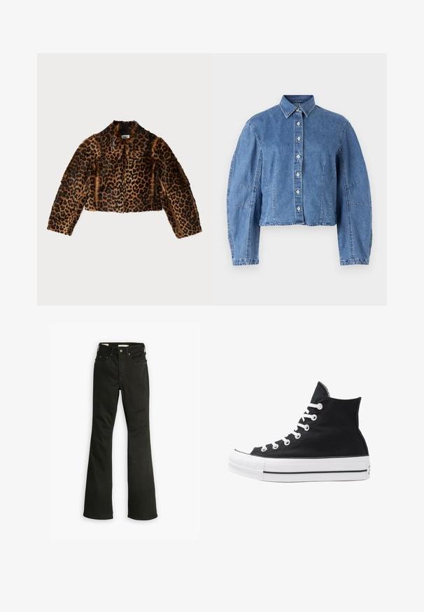 By Malene Birger ROWANI - Giacca di pelle - leopard; Giacca in denim cropped di colore azzurro chiaro, con chiusura a bottoni frontale, colletto a punta e maniche a sbuffo con cuciture laterali.; Jeans neri a zampa d'elefante realizzati in denim. Presentano un classico design a cinque tasche con zip, cuciture robuste e un orlo pulito.; Sneaker alta nera in tela con occhielli e lacci bianchi e suola in gomma. Presenta un punta testurizzata e accenti a strisce bianche e nere.