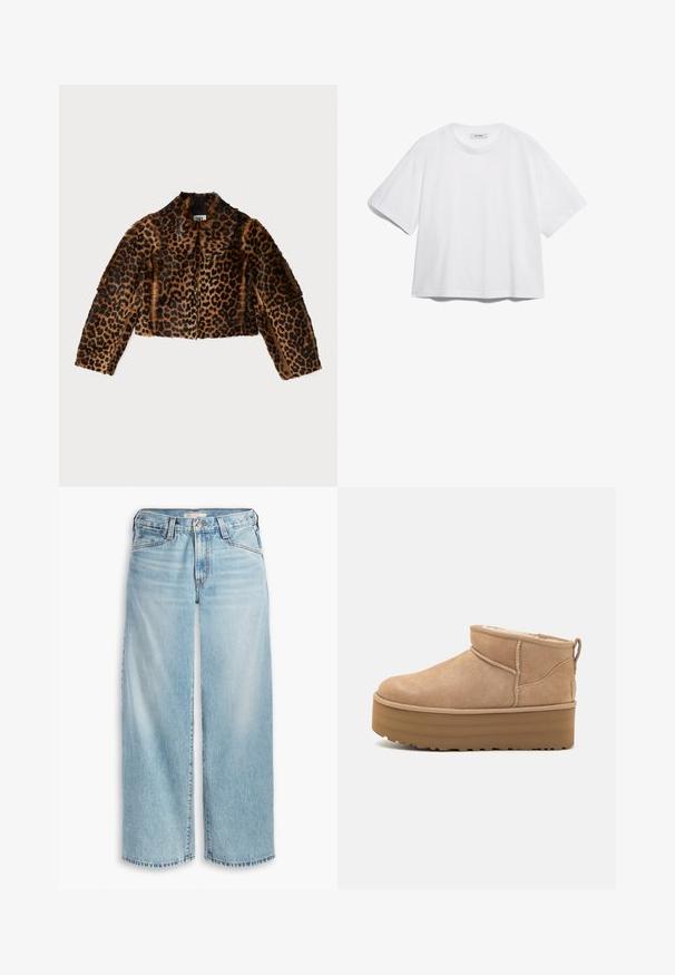 By Malene Birger ROWANI - Kožená bunda - leopard; Biela bavlnená tričko s krátkymi rukávmi, okrúhlym výstrihom, vo voľnom strihu, bez viditeľných vzorov alebo grafiky. Hladká textúra a jednoduchý dizajn.; Svetlomodré džíny s voľnými nohavicami vyrobené z denimu, s vysokým pásom, gombíkovým zapínaním a rozstrapkaným lemom. Viditeľné švy a vrecká.; Béžové semišové členkové topánky s mäkkým interiérom, vybavené platformovou podrážkou a malým úchytom na zadnej strane pre jednoduché obúvanie. Textúrovaná gumová podrážka.