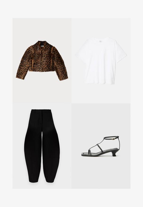 By Malene Birger ROWANI - Veste en cuir - leopard; T-shirt en coton blanc avec des manches courtes, un col rond, une coupe décontractée et un ourlet cousu. Étiquette visible à l'intérieur du col.; Pantalons larges noirs à taille haute, avec un devant plissé et des chevilles fuselées. Fabriqués dans un tissu lisse avec une finition mate.; Sandale en cuir noir avec un bout carré, des fines lanières, une bride de cheville ajustable et un petit talon. Présente un petit accent doré sur la lanière.