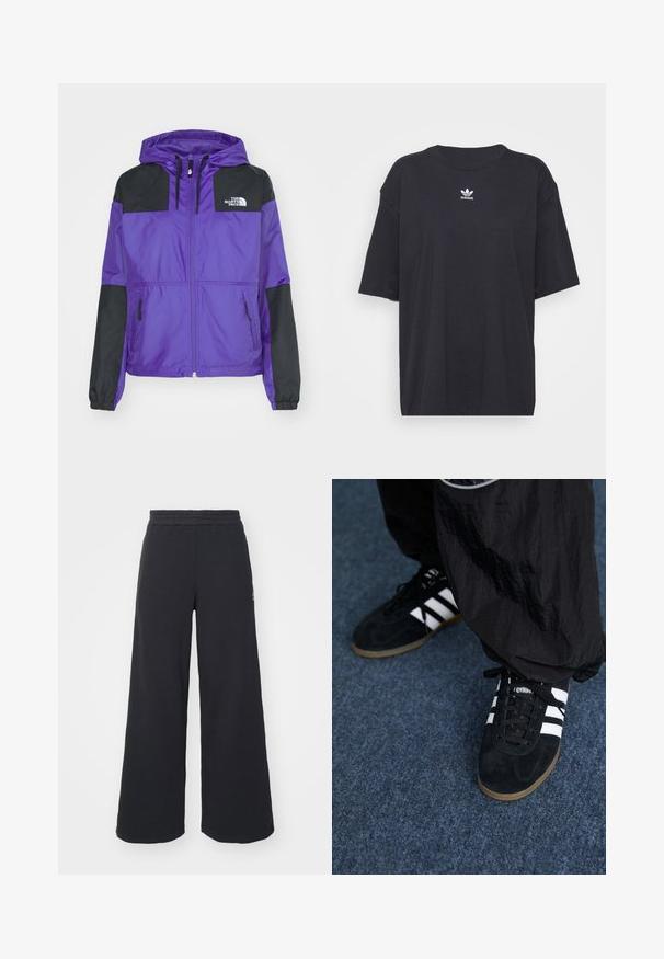 The North Face SHERU - Jakna za nošenje na otvorenom - peak purple/black; Crna pamučna majica kratkih rukava, okruglog izreza, s bijelim Adidas logom na prsima. Jednostavan dizajn, opušteni kroj.; Crne široke sweatpants hlače napravljene od mekog materijala, s elastičnim strukom i malim logotipom s lijeve strane.; Crne zimske sportske tenisice odsuede s tri bijele pruge i crnim vezicama. Texturirane crne hlače djelomično su vidljive uz tenisice.