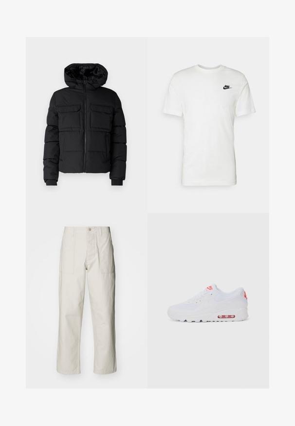 Svart polstret jakke med hette, med to brystlommer, glidelås fremme og ribbestrikkede mansjetter. Jevn tekstur og lett design.; Hvit bomull t-skjorte med korte ermer, rund hals og en svart Nike-logo på venstre bryst. Jevn tekstur og klassisk passform.; Lyse beige vide bukser laget av bomull. Har frontlommer og knappelukking. Jevn tekstur med subtile vertikale linjer.; Hvite atletiske joggesko med glatt overdel, snøring, polstret såle og synlig luftenhet med røde detaljer på merket.