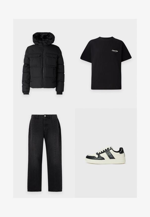 Crna podstavljena jakna s kapuljačom, koja ima dva džepa na prsima, prednji patentni zatvarač i rebraste manžete. Glatka tekstura i lagani dizajn.; Crna pamučna majica s okruglim izrezom, kratkim rukavima i malim bijelim logotipom s lijeve strane na prsima. Jednostavan dizajn, klasičan kroj.; Crne traperice od denima s ravnim krojem. Imaju kopčanje na gumb, omče za remen i dva bočna džepa. Glatka tekstura, bez vidljivih uzoraka.; Kožne tenisice s crno-bijelom paletom boja, koje imaju perforirane akcentne detalje, podstavljeni ovratnik i teksturiranu potplat.