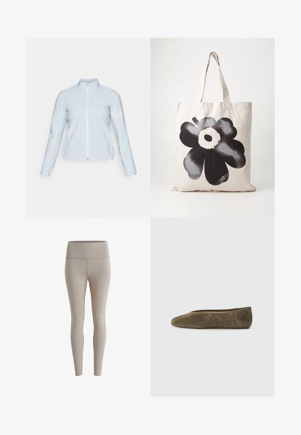 Světle modrá cyklistická bunda, plný zip, vysoký límec, dlouhé rukávy, elastické manžety, reflexní pruh na levém rukávu, hladká, lehká tkanina.; Svetr s výstřihem do V v světle hnědé barvě, vyrobený z měkkého materiálu. Obsahuje lemované manžety a spodní lem, má volný střih a dlouhé rukávy.; Bežové legíny vyrobené z elastické tkaniny, s vysokým pasem a hladkým povrchem, bez viditelných vzorů nebo kovových detailů.; Olivově zelené semišové baletní střevíčky s elegantní zaoblenou špičkou a nízkým profilem. Hladký povrch bez viditelných kovových prvků nebo ozdob.; Plátěná taška v světle béžové barvě s velkým, výrazným černým květinovým vzorem; má robustní ucha a texturovaný povrch látky.
